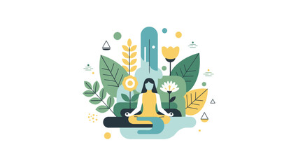 A woman meditates peacefully surrounded by lush green plants, flowers, and abstract natural elements, symbolizing serenity and mindfulness.