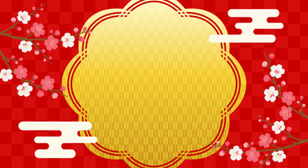 Japanese style gold background with red plum blossom and arrow feather pattern frame, luxury new year banner