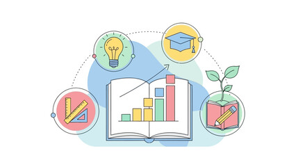 Conceptual illustration of education and growth, featuring an open book with a bar graph, a lightbulb, a graduation cap, and a plant growing from a book with a pencil.
