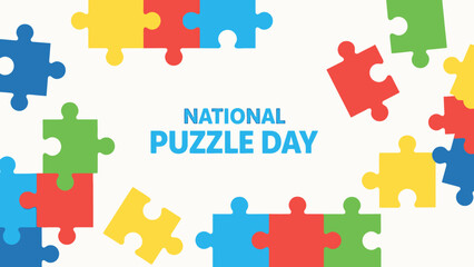 Fototapeta premium Colorful puzzle pieces forming a border around the text 'NATIONAL PUZZLE DAY' on a white background.