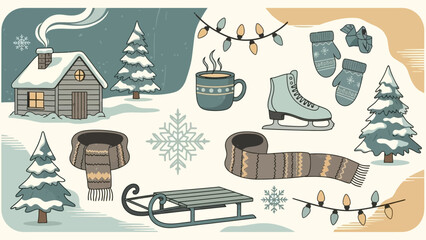 Cozy Winter Scene with a Log Cabin, Snow-Covered Trees, Sled, Ice Skates, and Festive Lights.