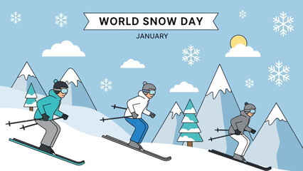 Illustration of people skiing down snowy mountains on World Snow Day in January.