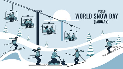 Illustration of people enjoying winter sports on a snowy mountain with ski lifts and trees, celebrating World Snow Day.
