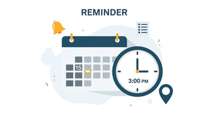 A visual representation of a reminder, featuring a calendar, a clock set to 3:00 PM, and a notification bell.