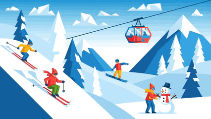 A vibrant illustration of a snowy mountain landscape with people enjoying winter activities like skiing, snowboarding, and building a snowman, with a cable car overhead.