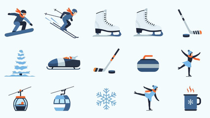Collection of winter sports and activities icons, including snowboarding, skiing, ice skating, bobsledding, curling, and cable cars.