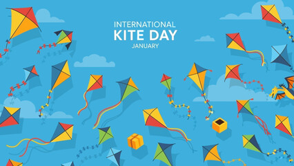 A vibrant illustration celebrating International Kite Day with numerous colorful kites soaring against a bright blue sky with fluffy white clouds.