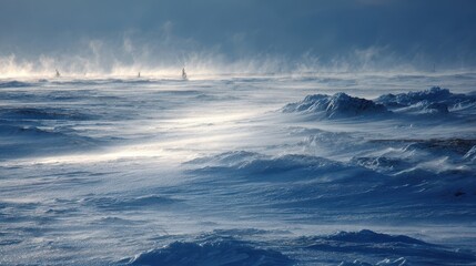 Snowy landscape with wind blowing snow across icy terrain winter nature