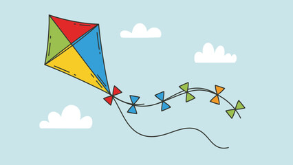 A colorful diamond-shaped kite with a long, decorative tail flies high in a clear blue sky with fluffy white clouds.