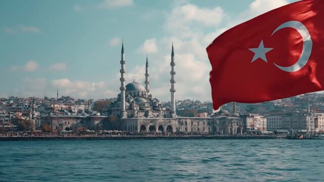 A captivating panoramic view showcases a grand religious building, distinguished by its majestic domes and multiple slender minarets, standing prominently against a clear, partly cloudy sky. The archi