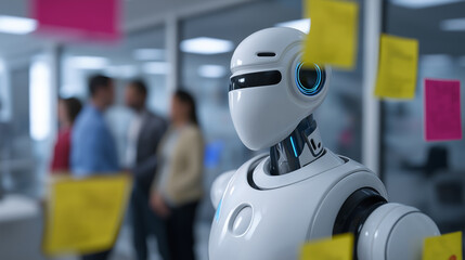 Humanoid robot standing with a business team during a meeting, symbolizing artificial intelligence participation in analysis and decision making.