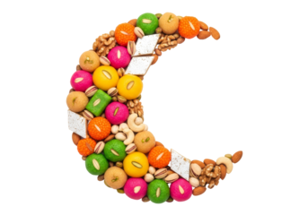 colorful crescent moon built from macarons and pastries for ramadan eid mubarak