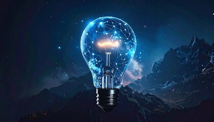 Glowing light bulb with digital nodes above nighttime cityscape
