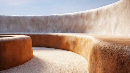Seating area with curved walls and smooth textures in an outdoor space during daylight