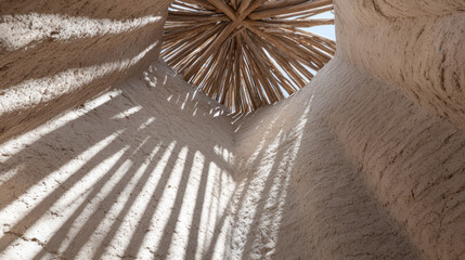 Light and shadow blend in a structure with a wooden roof and smooth clay walls in a desert location during the day