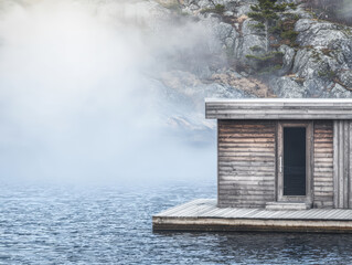Wooden structure on water surrounded by fog in a natural setting