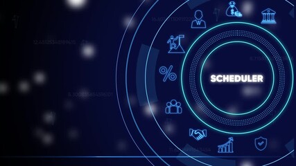 Scheduler interface with glowing blue and on dark background for business productivity and organization