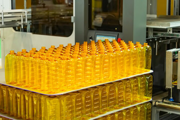 conveyor line for the production of plastic bottles close-up