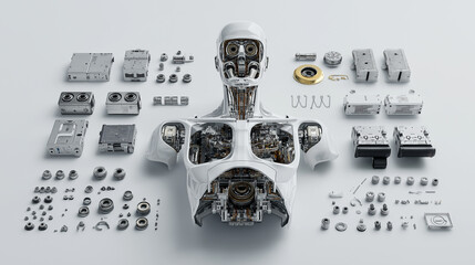 Disassembled humanoid robot with visible components, symbolizing artificial intelligence engineering, modular construction, and advanced robotics design.
