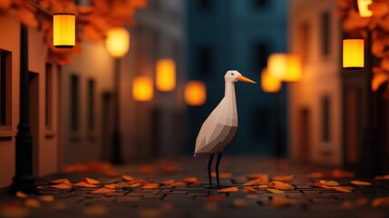 A stylized heron stands on a cobblestone street surrounded by autumn leaves and glowing lanterns, creating a serene evening atmosphere.