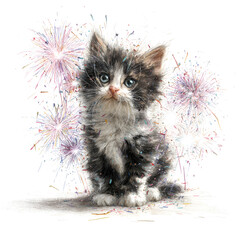 Kitten celebrating with fireworks