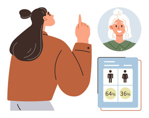 Gender equality, data analysis, workplace diversity, statistical presentation, human resources, leadership. Woman interacting with a screen displaying gender statistics. Gender equality and data