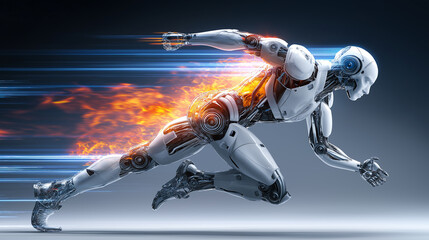 High-speed humanoid robot running with blazing energy trails symbolizing the rapid acceleration and explosive growth of artificial intelligence.
