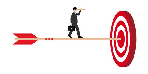 Businessman using Telescope looking for Target. Goal Achievement and Business Success Concept. Vector Illustration.