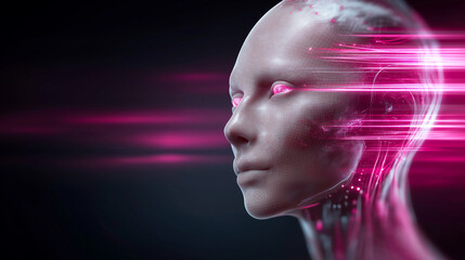 Human head profile with glowing digital neural connections symbolizing artificial intelligence, data processing, and advanced cognition.
