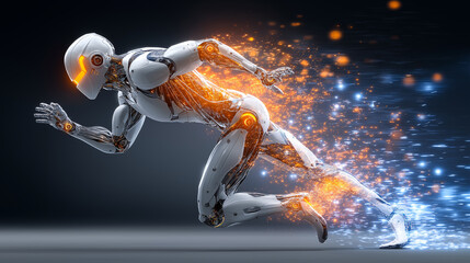 High-speed humanoid robot running with blazing energy trails symbolizing the rapid acceleration and explosive growth of artificial intelligence.
