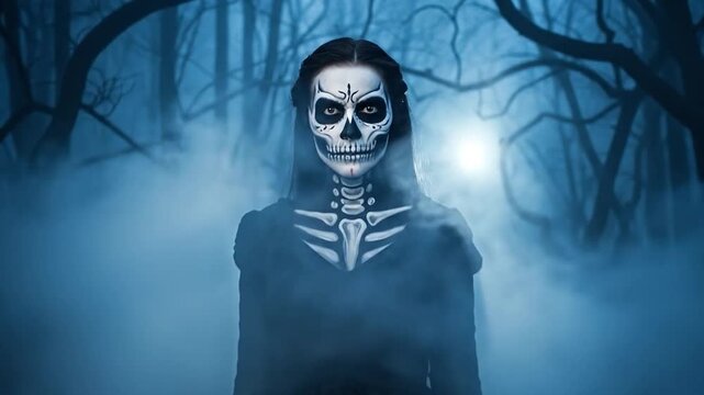 Woman with skull makeup standing in dark foggy forest horror scene