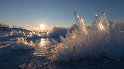 Sunburst illuminates sharp ice formations on frozen ground at dawn crystal winter