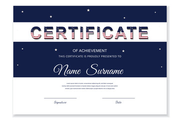 Patriotic USA flag certificate of achievement template. Features American stars and stripes design on navy blue background. Professional award for Independence Day, military, or school. 