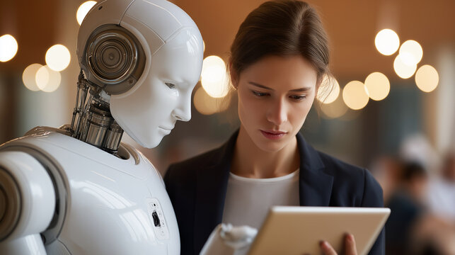 Humanoid AI agent assisting a business professional at work, symbolizing human and artificial intelligence collaboration in a modern workplace.
