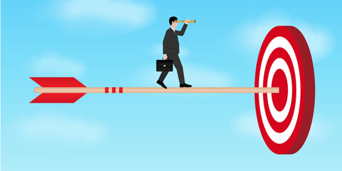 Businessman using Telescope looking for Target. Goal Achievement and Business Success Concept. Vector Illustration.