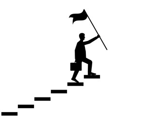 Businessman holding Victory Flag while walking upstairs Silhouette. Goal Achievement and Business Success Concept. Vector Illustration.