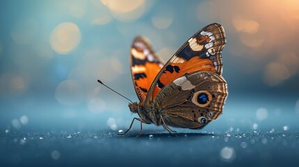 Close Up Macro Butterfly with Colorful Patterned Wings and Soft Bokeh Background