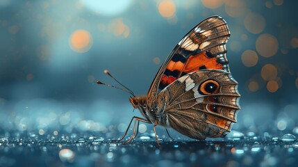 Close Up Macro Butterfly with Colorful Patterned Wings and Soft Bokeh Background