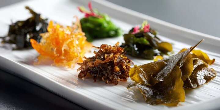 Assorted asian seaweed appetizers on white plate with garnishes - Powered by Adobe