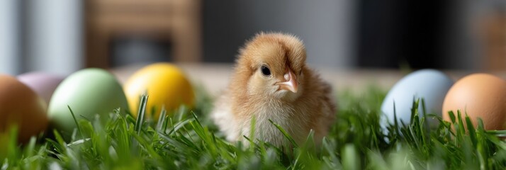Adorable fluffy chick with colorful easter eggs on grass in spring setting