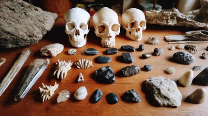 A stunning collection showcases intricate skull replicas and an array of fossils, all set against a rustic wooden backdrop. Each piece tells a story of ancient life and natural wonder