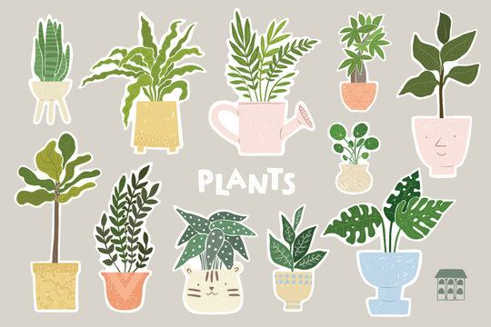 Stickers with house plants in pots. Cute illustrations, stickers for print and social media, cozy flowers in pots, home decoration. Hand drawn potted plants in a simple hand drawn style. Ready prints.