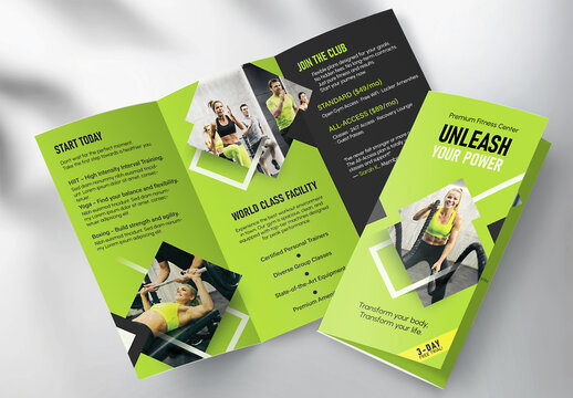 Fitness transformation motivation concept : Modern tri-fold brochure template for fitness and gym business