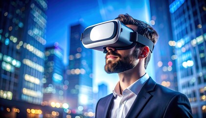 A man wears a VR headset, looking up against a blurred city skyline backdrop at night. The man is wearing a suit