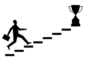 Businessman running upstairs to get Trophy Silhouette. Goal Achievement and Business Success Concept. Vector Illustration.