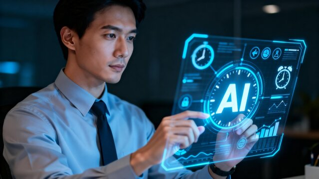 Man interacting with AI holographic display - Powered by Adobe
