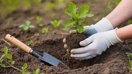 Hands in white garden gloves with blue dots planting a young oak seedling in loose soil, with root ball and garden trowel, symbolizing ecology, greening and sustainable gardening