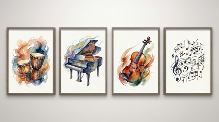 music education, art therapy, music appreciation, Watercolor Music Art Prints Featuring Drums, Piano, Violin, and Musical Notes