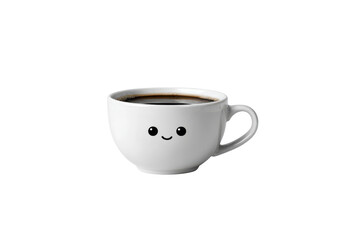 White ceramic coffee cup with smiling face holding dark coffee on black background