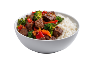 White ceramic bowl with beef broccoli red bell pepper stir fry served on white rice bellpepper green